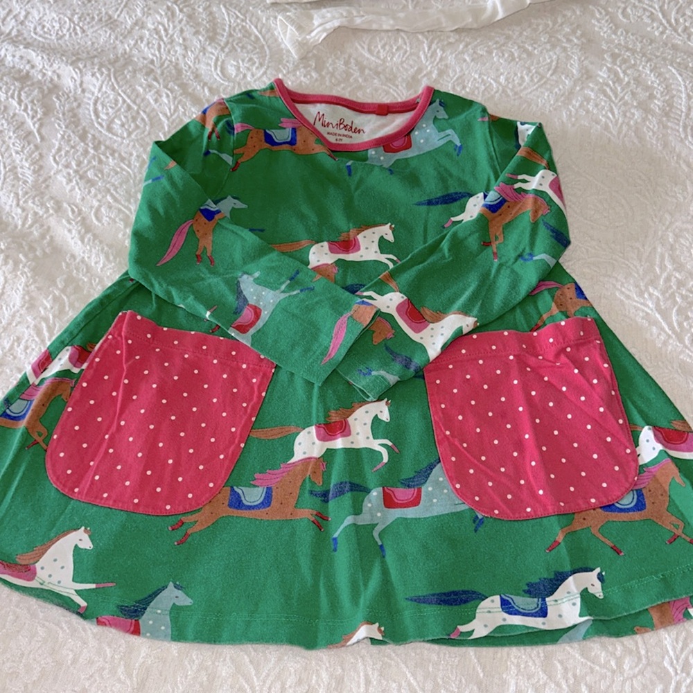 Mini Boden Horse Print Tunic Dress Green Cotton Sz 6-7